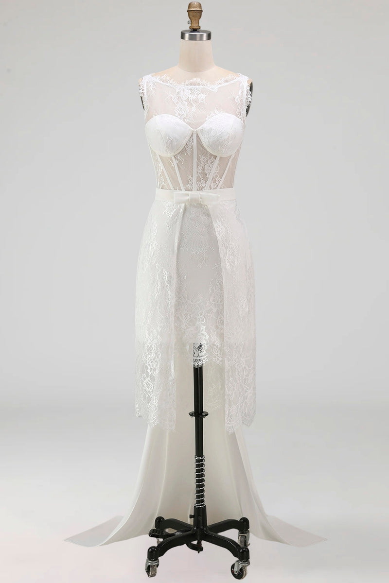 Load image into Gallery viewer, White Boat Neck Corset High Low A Line Boho Wedding Dress with Cape