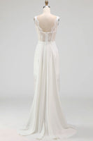 Load image into Gallery viewer, White Boat Neck Corset High Low A Line Boho Wedding Dress with Cape