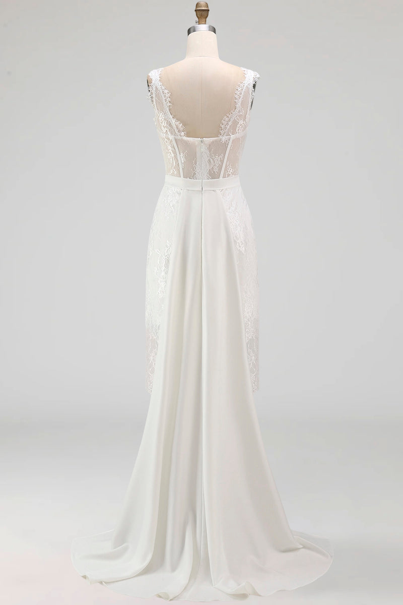 Load image into Gallery viewer, White Boat Neck Corset High Low A Line Boho Wedding Dress with Cape