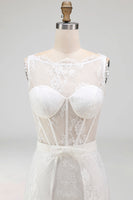 Load image into Gallery viewer, White Boat Neck Corset High Low A Line Boho Wedding Dress with Cape