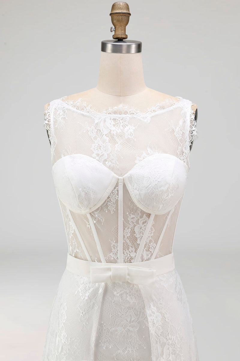 Load image into Gallery viewer, White Boat Neck Corset High Low A Line Boho Wedding Dress with Cape