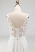 Load image into Gallery viewer, White Boat Neck Corset High Low A Line Boho Wedding Dress with Cape