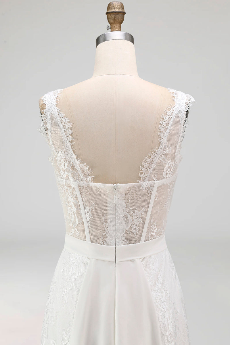 Load image into Gallery viewer, White Boat Neck Corset High Low A Line Boho Wedding Dress with Cape