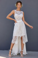 Load image into Gallery viewer, White Boat Neck Corset High Low A Line Boho Wedding Dress with Cape