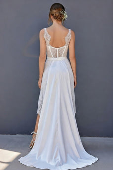 White Boat Neck Corset High Low A Line Boho Wedding Dress with Cape