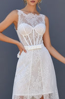 Load image into Gallery viewer, White Boat Neck Corset High Low A Line Boho Wedding Dress with Cape