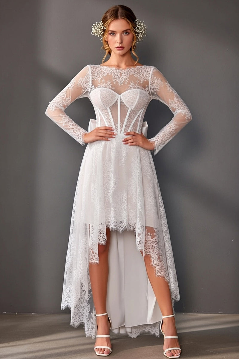 Load image into Gallery viewer, White High-Low Boat Neck Corset Long Sleeves A Line Boho Wedding Dress