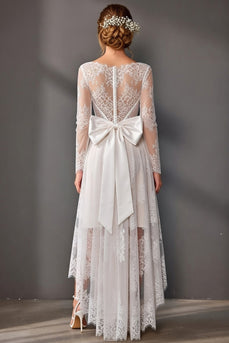 White High-Low Boat Neck Corset Long Sleeves A Line Boho Wedding Dress