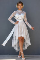 Load image into Gallery viewer, White Lace Corset High-Low Open Back Long Sleeves Boho Wedding Dress with Bow