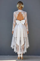 Load image into Gallery viewer, White Lace Corset High-Low Open Back Long Sleeves Boho Wedding Dress with Bow