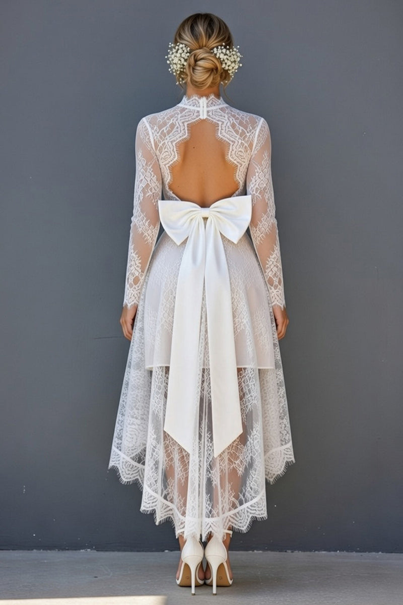 Load image into Gallery viewer, White Lace Corset High-Low Open Back Long Sleeves Boho Wedding Dress with Bow