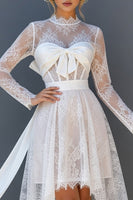 Load image into Gallery viewer, White Lace Corset High-Low Open Back Long Sleeves Boho Wedding Dress with Bow