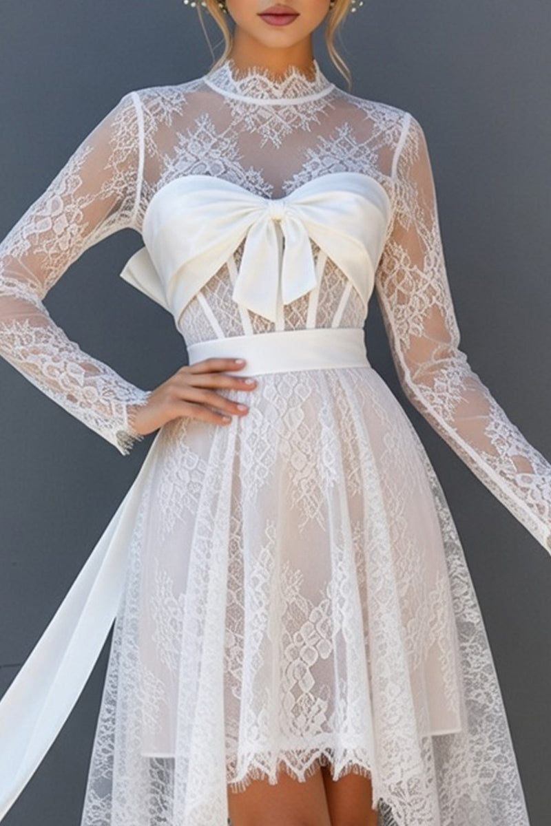 Load image into Gallery viewer, White Lace Corset High-Low Open Back Long Sleeves Boho Wedding Dress with Bow