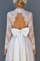 Load image into Gallery viewer, White Lace Corset High-Low Open Back Long Sleeves Boho Wedding Dress with Bow