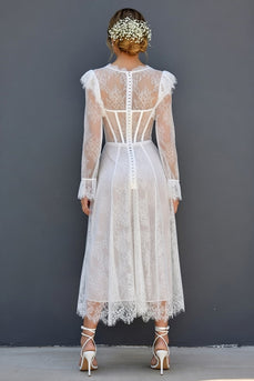 White Maxi A Line Corset Ruffled Sleeves Round Neck Boho Wedding Dress