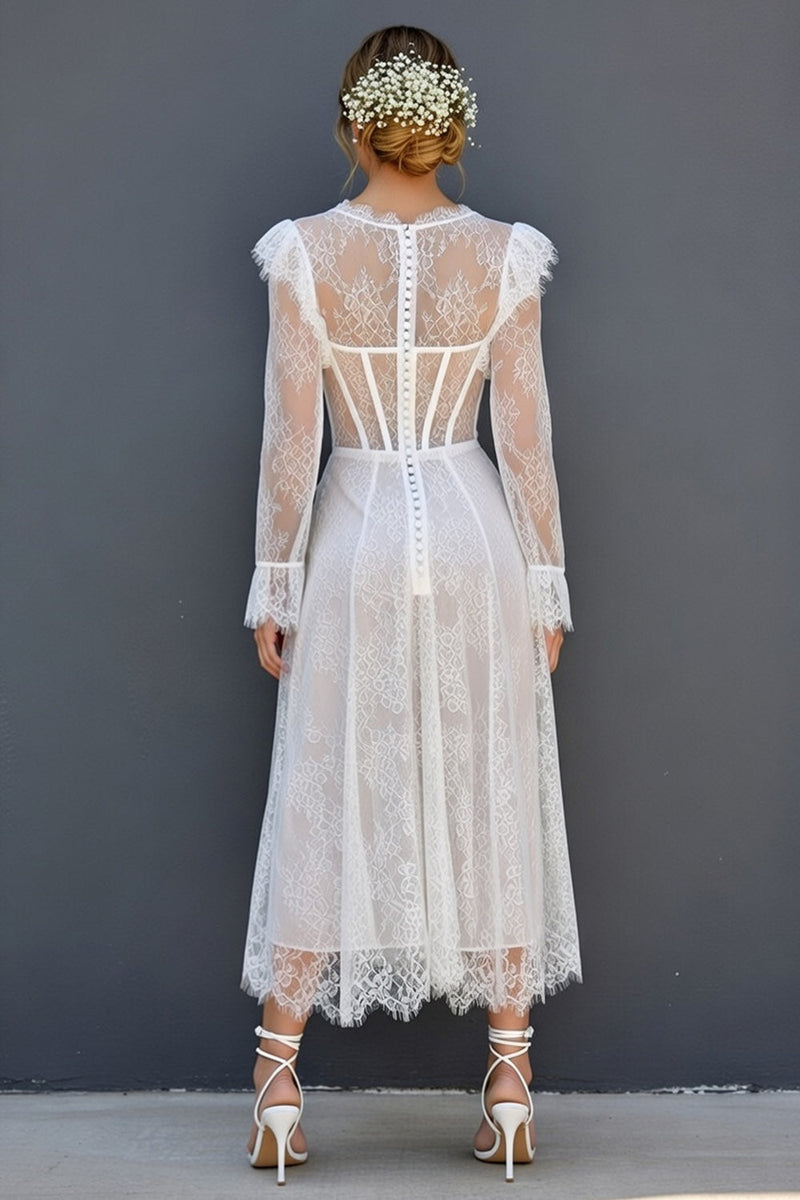 Load image into Gallery viewer, White Maxi A Line Corset Ruffled Sleeves Round Neck Boho Wedding Dress