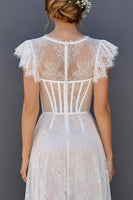 Load image into Gallery viewer, White Round Neck Corset A Line Maxi Boho Wedding Dress with Ruffles