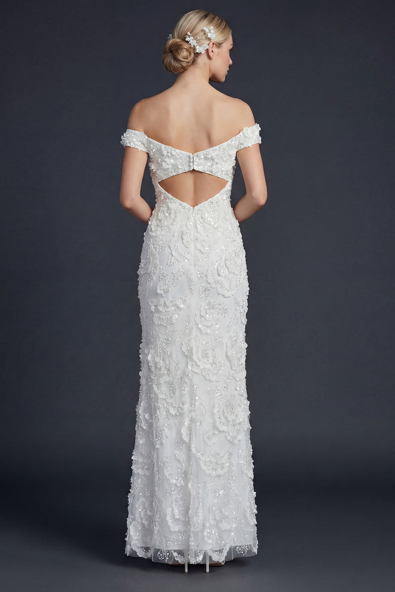 Load image into Gallery viewer, Sparkly Mermaid Appliqued Off the Shoulder Maxi Boho Wedding Dress
