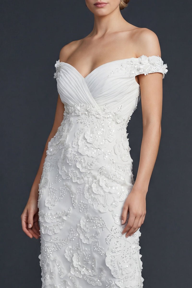 Load image into Gallery viewer, Sparkly Mermaid Appliqued Off the Shoulder Maxi Boho Wedding Dress