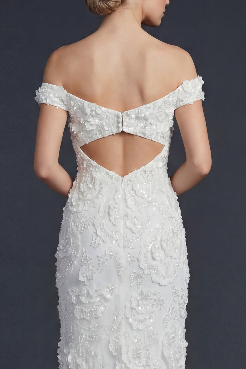Load image into Gallery viewer, Sparkly Mermaid Appliqued Off the Shoulder Maxi Boho Wedding Dress