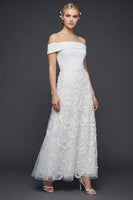 Load image into Gallery viewer, White Floral A Line Off the Shoulder Maxi Boho Wedding Dress with Appliques