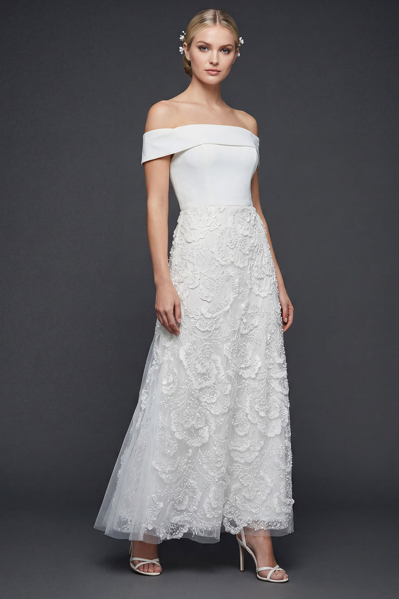Load image into Gallery viewer, White Floral A Line Off the Shoulder Maxi Boho Wedding Dress with Appliques