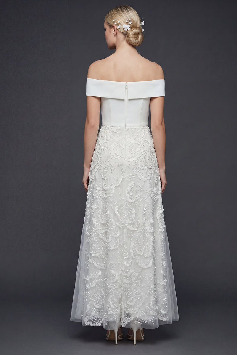 Load image into Gallery viewer, White Floral A Line Off the Shoulder Maxi Boho Wedding Dress with Appliques