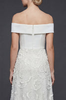 Load image into Gallery viewer, White Floral A Line Off the Shoulder Maxi Boho Wedding Dress with Appliques
