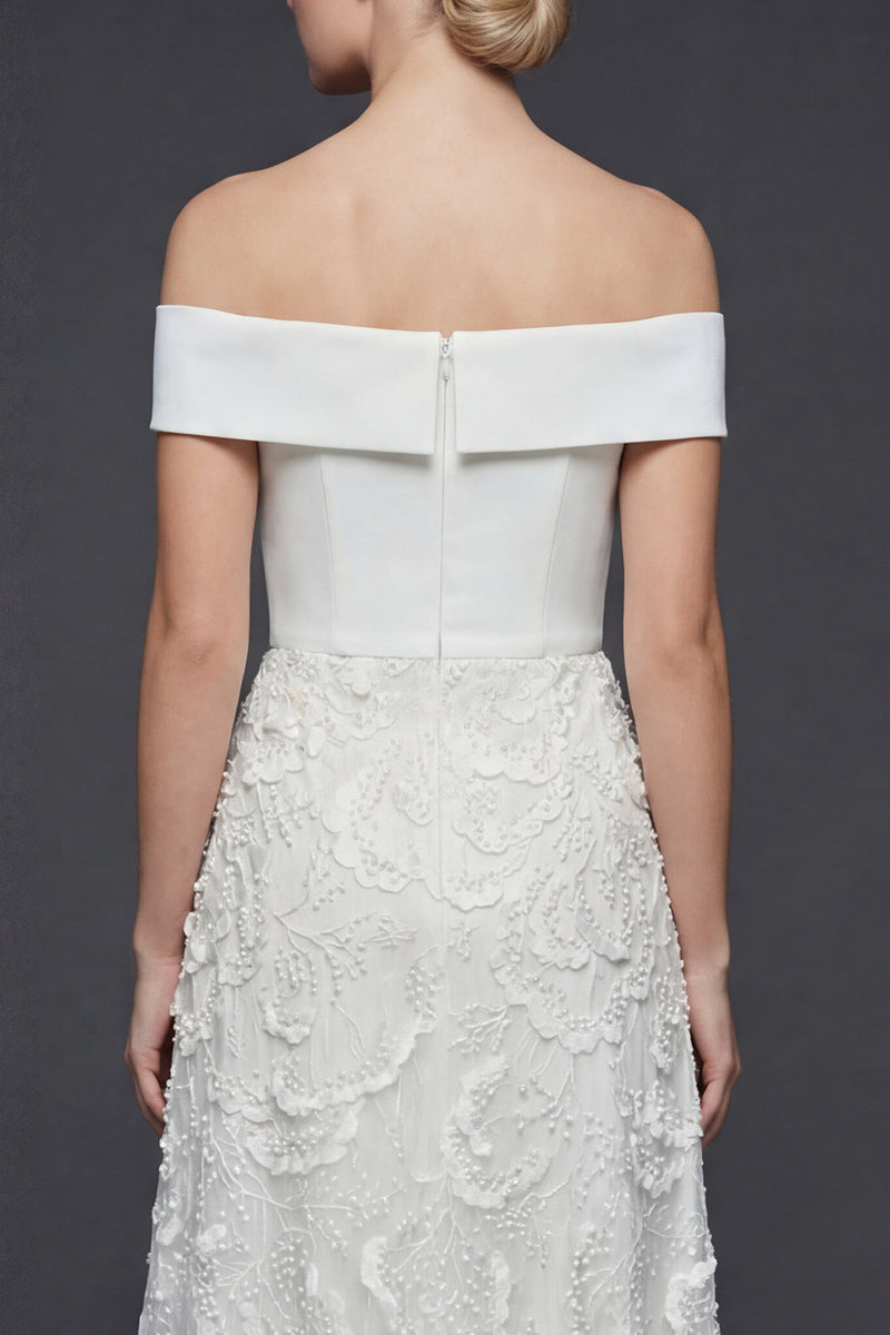 Load image into Gallery viewer, White Floral A Line Off the Shoulder Maxi Boho Wedding Dress with Appliques