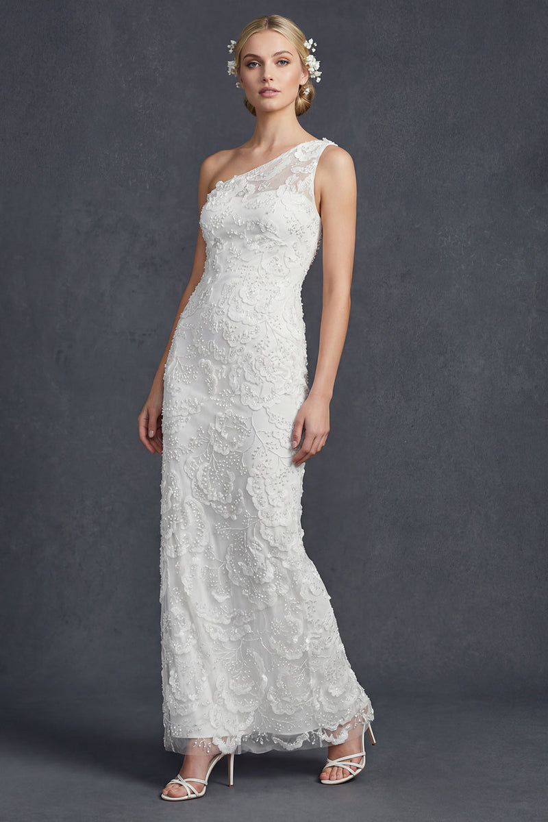 Load image into Gallery viewer, Sparkly White Floral Mermiad Maxi Beaded One Shoulder Boho Wedding Dress with Appliques