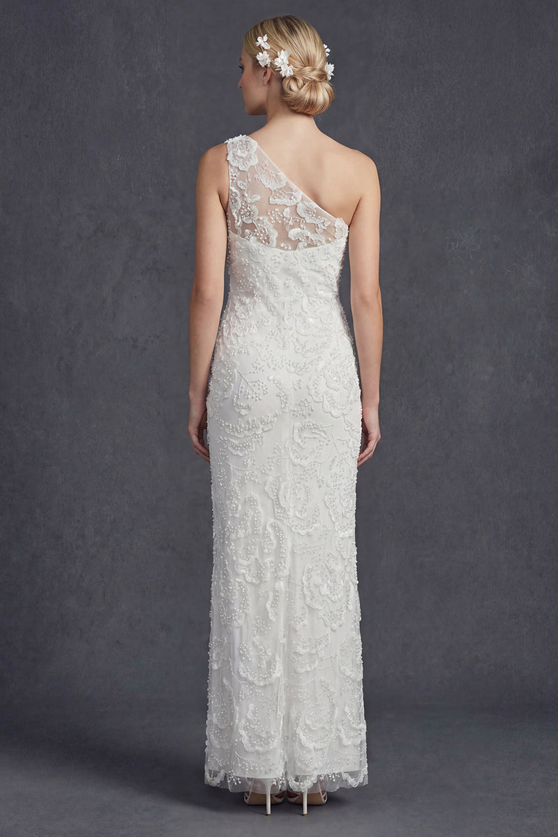 Load image into Gallery viewer, Sparkly White Floral Mermiad Maxi Beaded One Shoulder Boho Wedding Dress with Appliques