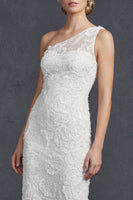 Load image into Gallery viewer, Sparkly White Floral Mermiad Maxi Beaded One Shoulder Boho Wedding Dress with Appliques