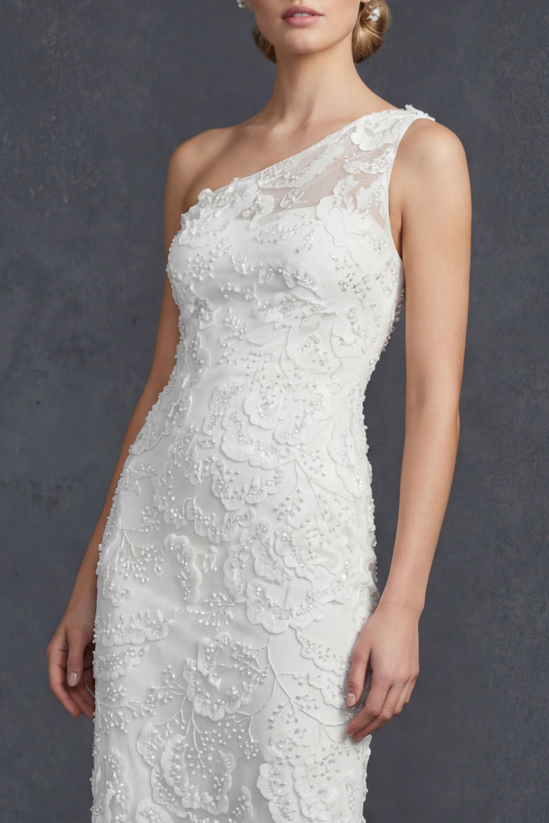 Load image into Gallery viewer, Sparkly White Floral Mermiad Maxi Beaded One Shoulder Boho Wedding Dress with Appliques