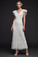 Load image into Gallery viewer, Sparkly White Floral V Neck Maxi Appliqued Boho Beaded Wedding Dress with Ruffles