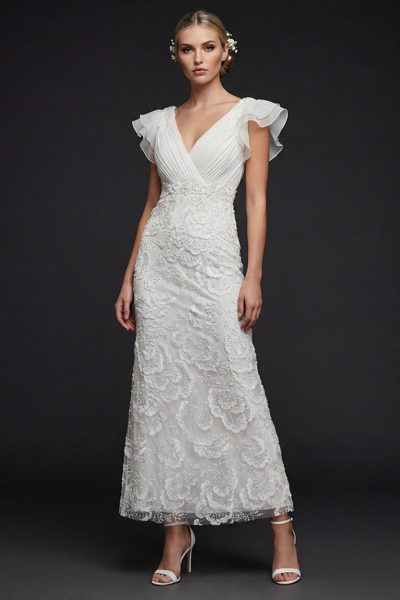 Load image into Gallery viewer, Sparkly White Floral V Neck Maxi Appliqued Boho Beaded Wedding Dress with Ruffles