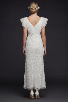 Sparkly White Floral V Neck Maxi Appliqued Boho Beaded Wedding Dress with Ruffles