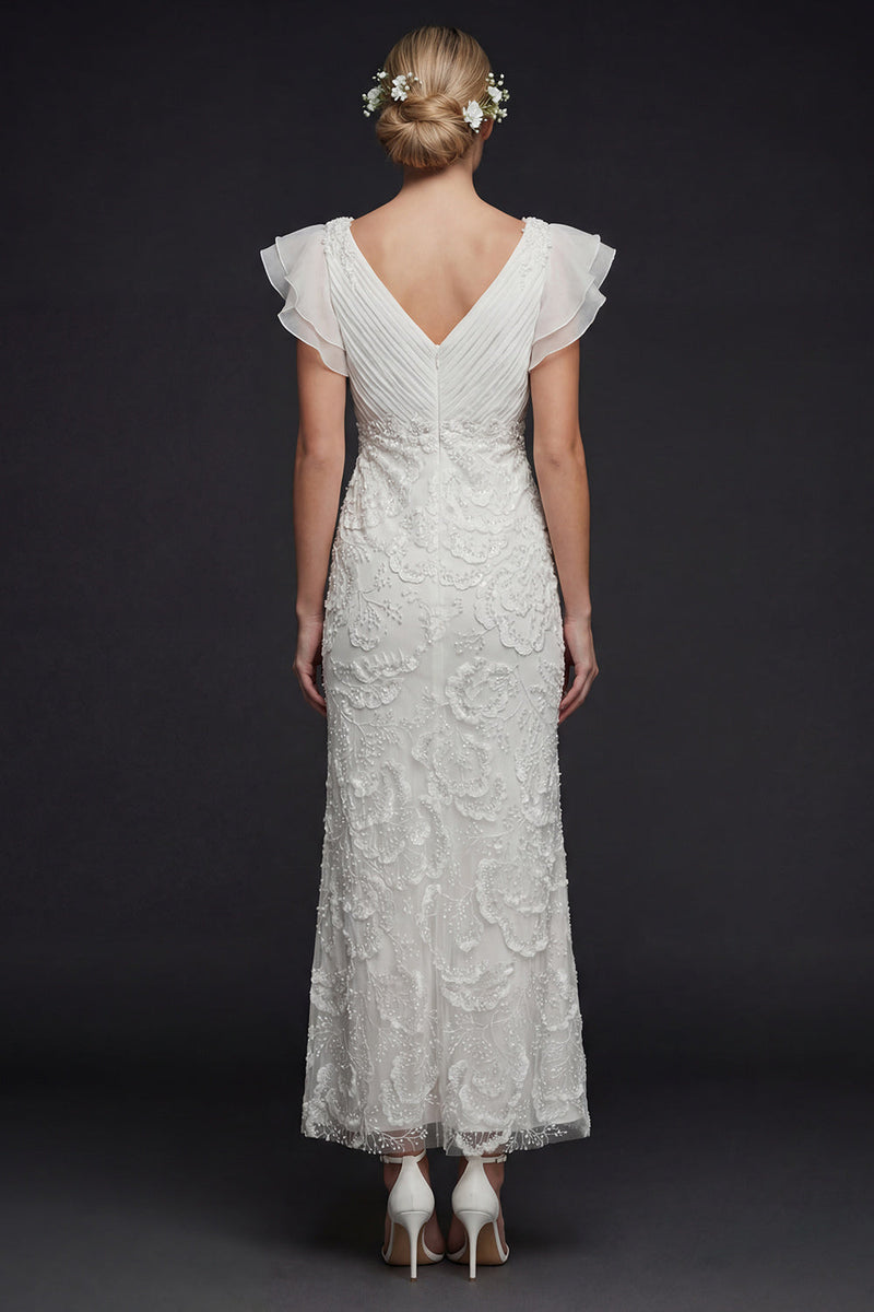 Load image into Gallery viewer, Sparkly White Floral V Neck Maxi Appliqued Boho Beaded Wedding Dress with Ruffles