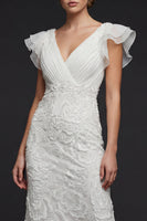 Load image into Gallery viewer, Sparkly White Floral V Neck Maxi Appliqued Boho Beaded Wedding Dress with Ruffles