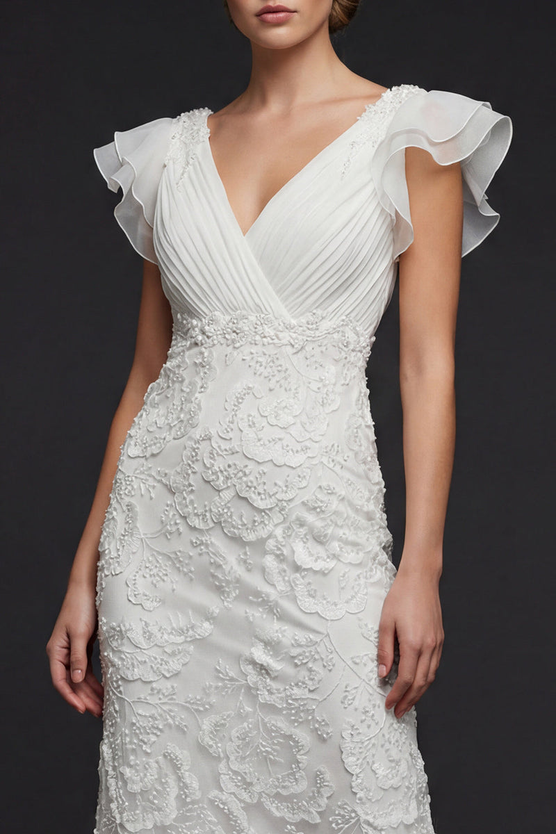 Load image into Gallery viewer, Sparkly White Floral V Neck Maxi Appliqued Boho Beaded Wedding Dress with Ruffles