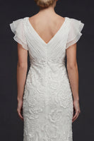 Load image into Gallery viewer, Sparkly White Floral V Neck Maxi Appliqued Boho Beaded Wedding Dress with Ruffles
