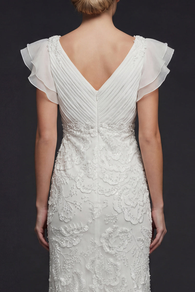 Load image into Gallery viewer, Sparkly White Floral V Neck Maxi Appliqued Boho Beaded Wedding Dress with Ruffles