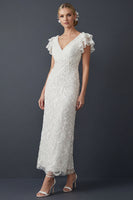 Load image into Gallery viewer, Sparkly White Sheath Maxi V Neck Ruffled Beaded Boho Wedding Dress