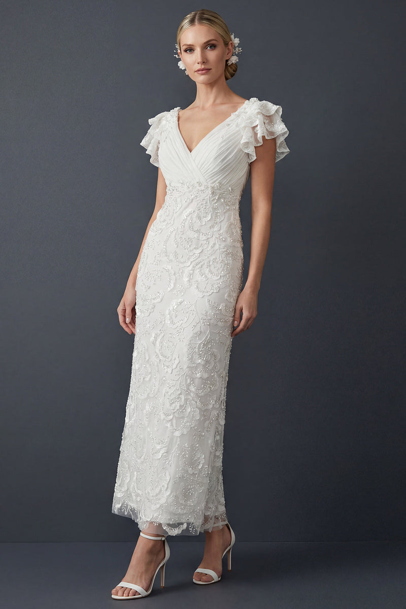 Load image into Gallery viewer, Sparkly White Sheath Maxi V Neck Ruffled Beaded Boho Wedding Dress