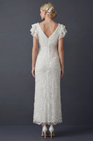 Load image into Gallery viewer, Sparkly White Sheath Maxi V Neck Ruffled Beaded Boho Wedding Dress