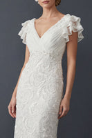 Load image into Gallery viewer, Sparkly White Sheath Maxi V Neck Ruffled Beaded Boho Wedding Dress