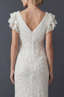 Load image into Gallery viewer, Sparkly White Sheath Maxi V Neck Ruffled Beaded Boho Wedding Dress