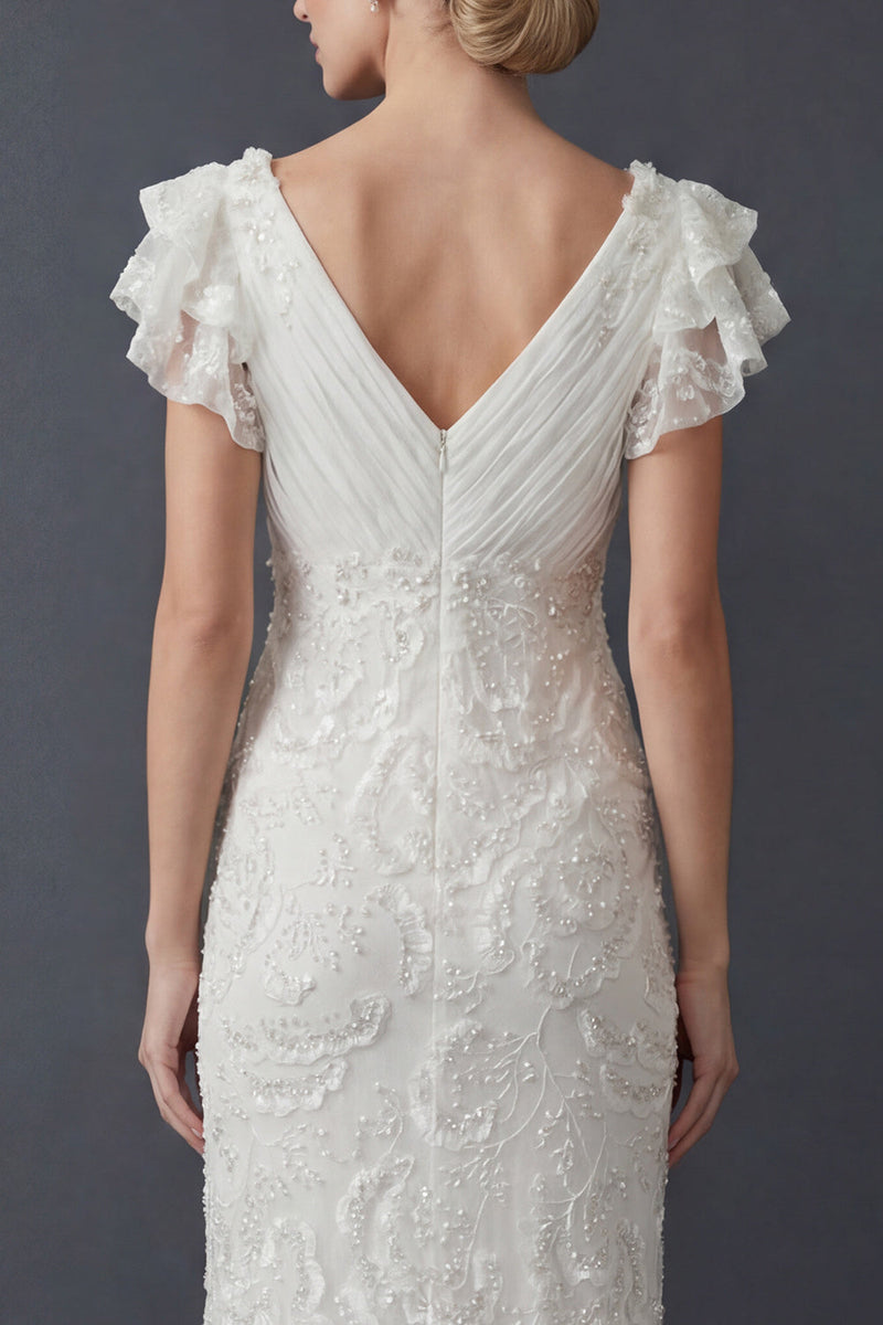 Load image into Gallery viewer, Sparkly White Sheath Maxi V Neck Ruffled Beaded Boho Wedding Dress