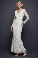 Load image into Gallery viewer, Sparkly White V-Neck Beaded Mermaid Appliqued Maxi Floral Boho Wedding Dress