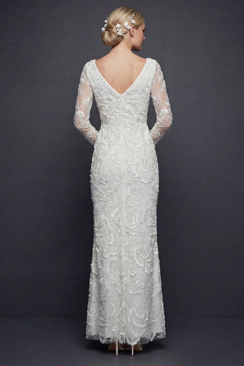 Load image into Gallery viewer, Sparkly White V-Neck Beaded Mermaid Appliqued Maxi Floral Boho Wedding Dress