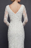 Load image into Gallery viewer, Sparkly White V-Neck Beaded Mermaid Appliqued Maxi Floral Boho Wedding Dress